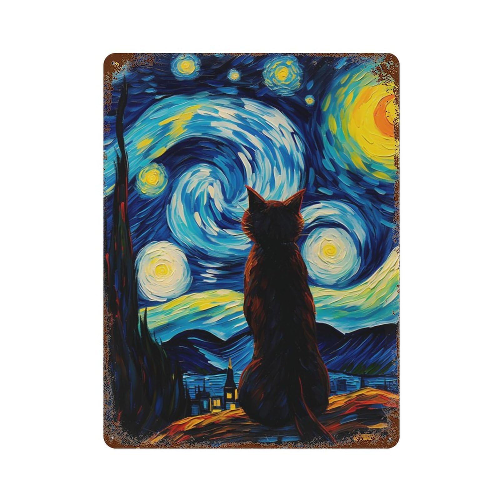 The Starry Night Cat Rusty Metal Tin Sign 15.7"x11.8", for Farmhouse, Kitchen And Entryway Decor, Rustic Home Decor