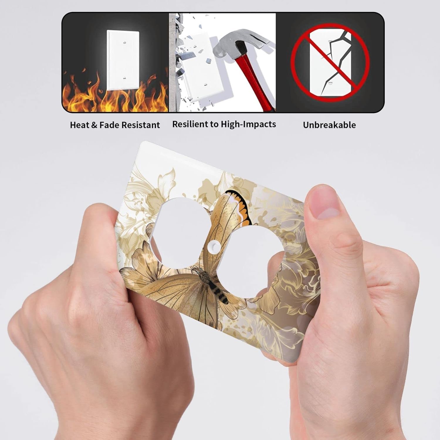 Gold Butterfly Decor Print Light Switch Plate Cover Plastic Wall Plates (Single Gang Electrical Switch Duplex Outlet Cover)