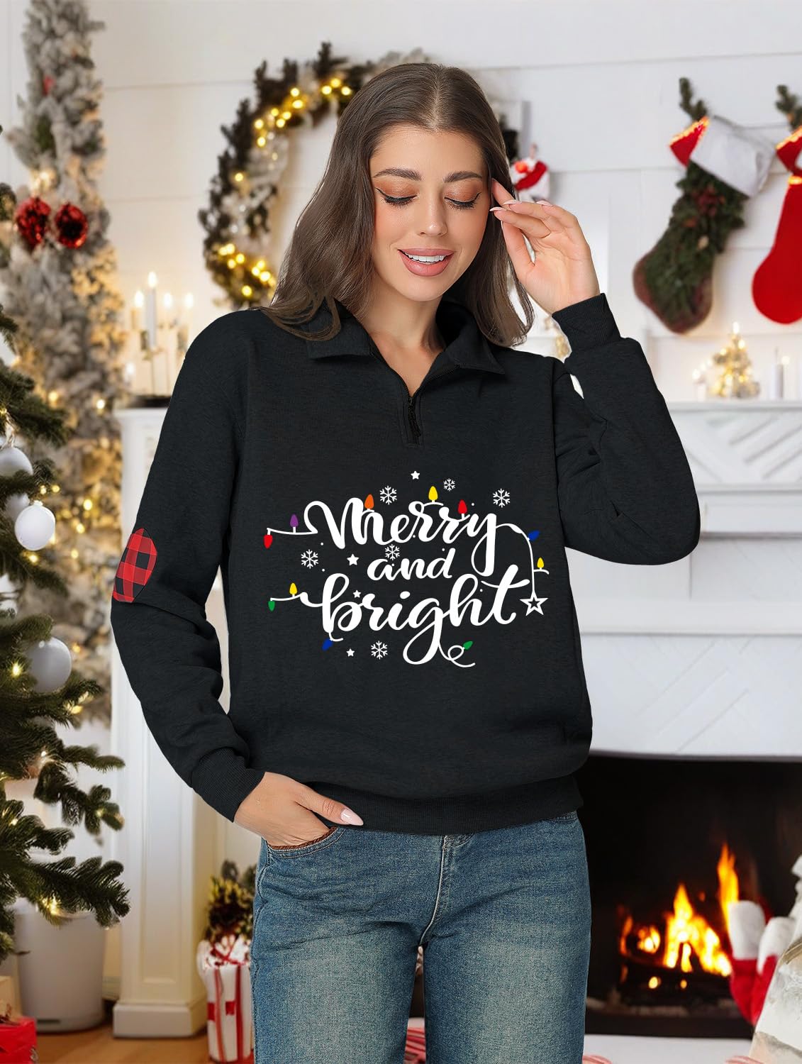 Glimnerize Christmas Womens Xmas Pullover Sweatshirt Funny Graphic Christmas Jumper 1/4 Zip Standing Collar Gnome Hoodie Black-A2 XXL - Image 2