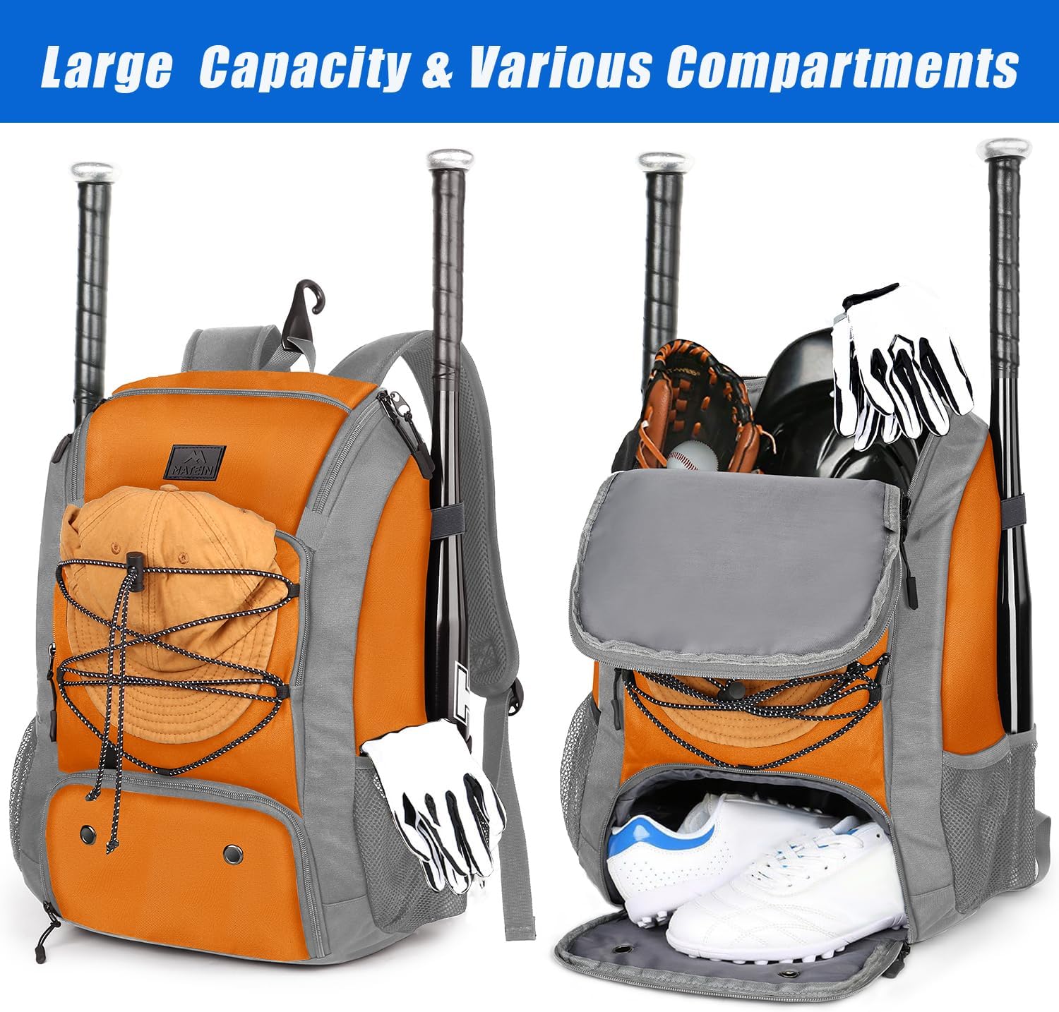 MATEIN Baseball Backpack, Softball Bat Bag with Shoes Compartment for Youth, Boys and Adult, Lightweight Baseball Bag with Fence Hook Hold TBall Bat, Batting Mitten, Helmet, Caps, Teeball Gear