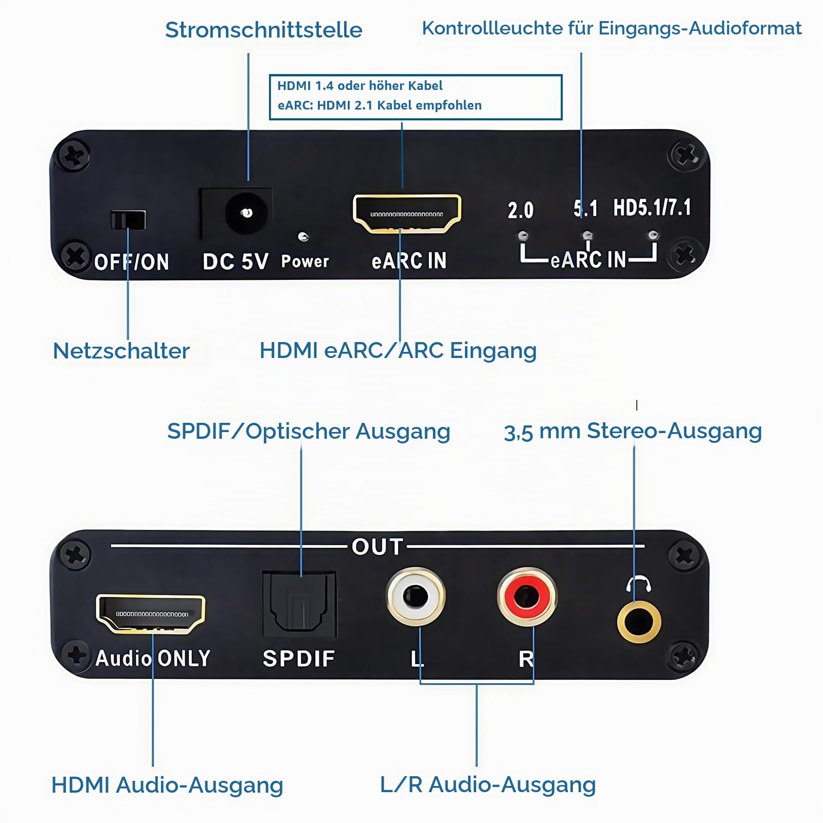 HDMI Audio Extraktor mit eARC – 24-Bit/192 kHz DAC, 5.1/7.1-Kanal zu Optical/RCA/3.5mm für TV/Soundbar (ARC unterstützt)