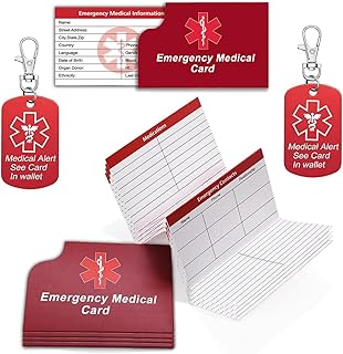 10 Pcs Emergency Medical Information Card with Tri-Folding with Protective Sleeves, Medical Alert Keychain Tags See Wallet Card, Contact ID, Medications and Allergy Fields Card for Wallet Pocket