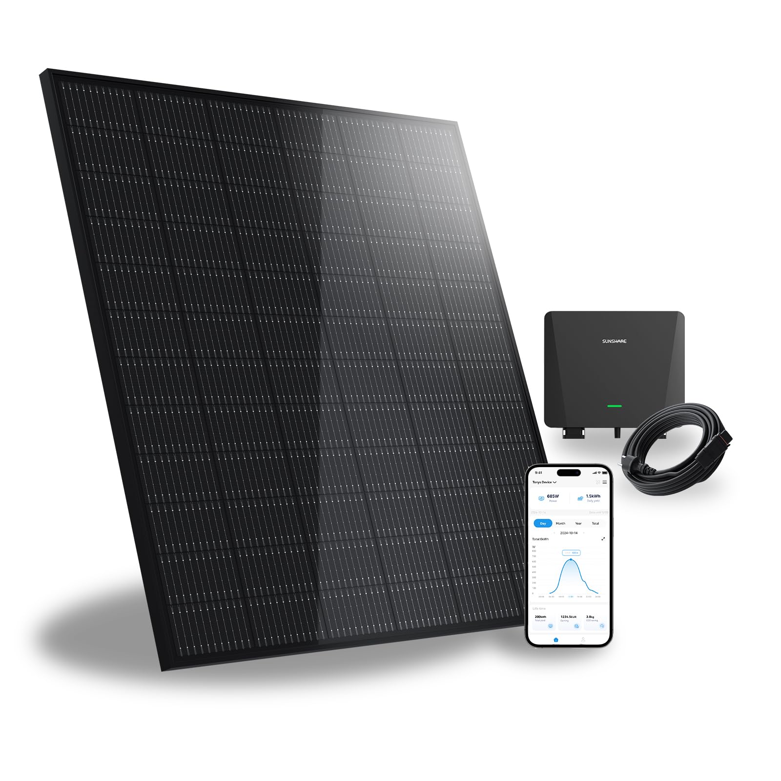Ray 285W Balkonkraftwerk ohne Halterung – Individuelles Solaranlage Komplettsystem für DIY-Installation – 800W Wechselrichter + 1x 285W Solarpanel – Steckdosenfertig – inkl. Kabel & Zubehör