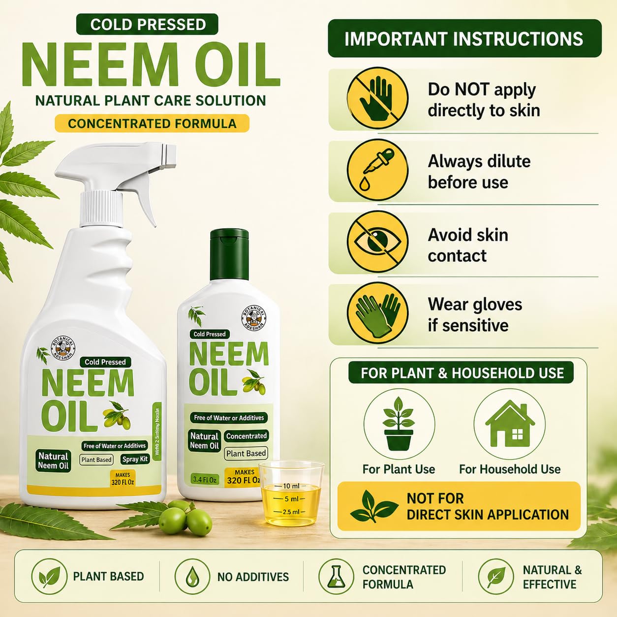 Aceite de neem en aerosol para plantas (carga 20 veces), aceite de neem prensado en frío, puro para interior y exterior