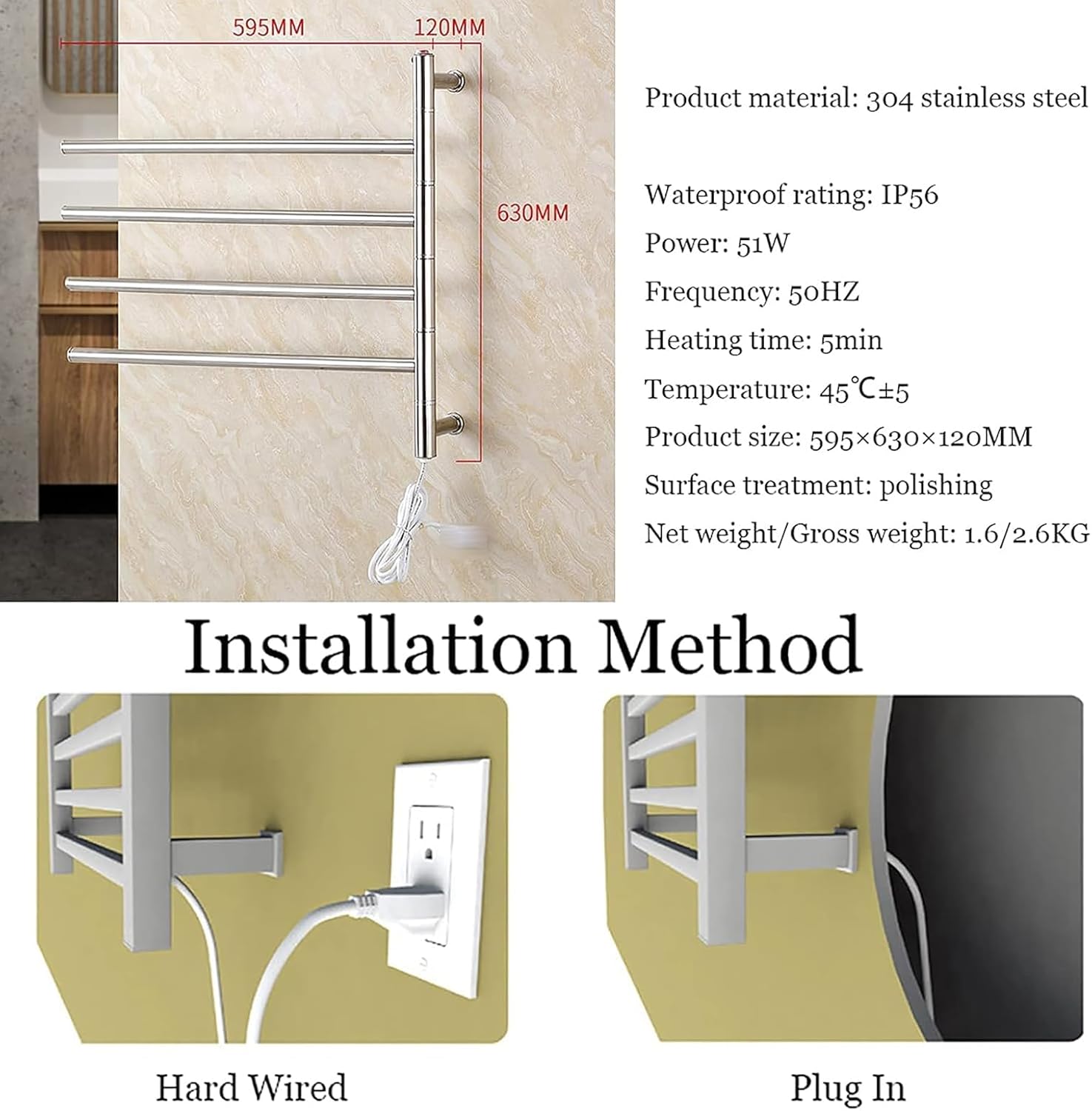 Rotatable Heated Towel Warmer Racks Wall Mounted Electric Towel Warmer Rack 4 Round Smart Electric Towel Rack Stainless Steel Heated Towel Rails 51W Towel Dryer,Chrome (