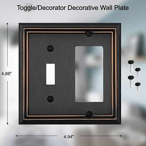 Vista 45 de Placa de pared de metal Adler con cubierta de interruptor de luz de triple palanca, paquete de 2 unidades de bronce envejecido de 3 bandas, cubierta