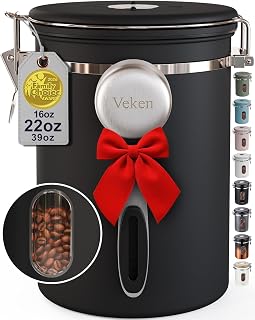 Veken Airtight Coffee Canister with Window & Date Tracker - Stainless Steel 22oz Storage for Beans, Grounds, Tea, Sugar - Black