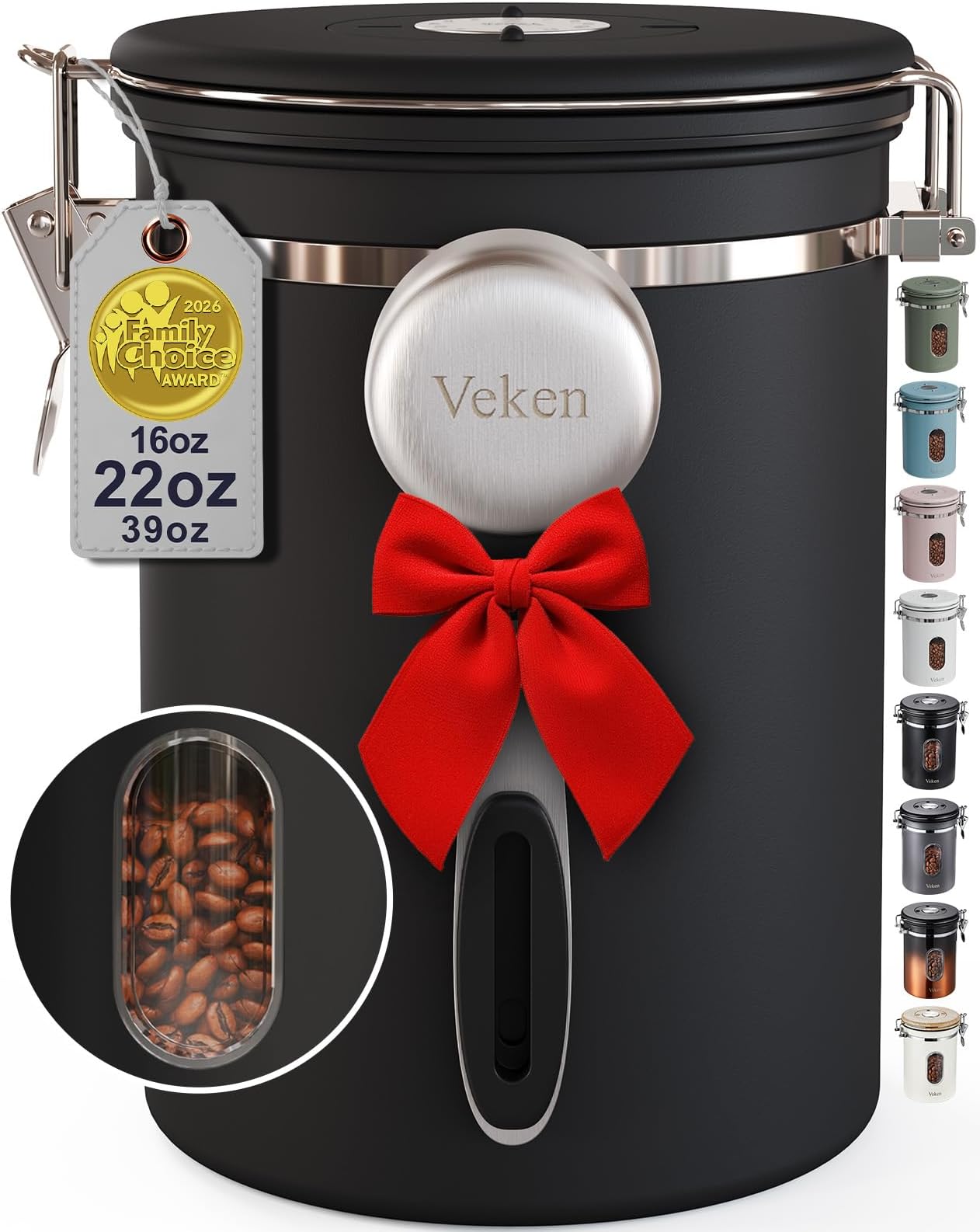 Veken Coffee Canister with Window,Airtight Stainless Steel Pantry Container,Home Kitchen Food Storage Organizers for Ground,Beans,Espresso,Rice,Tea,Sugar,Cereal, Decor,Bar Accessories,Gifts,22OZ,Black