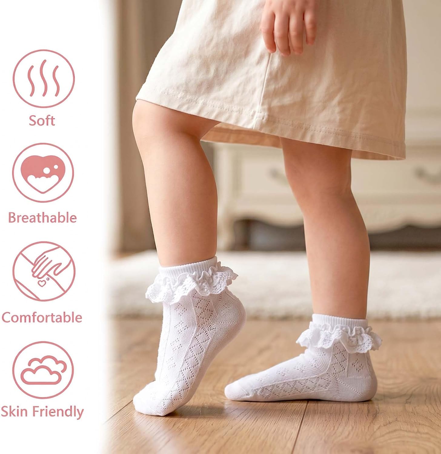5 Pairs White Ruffle Socks Lace Frilly Ankle Dress Socks For Girls