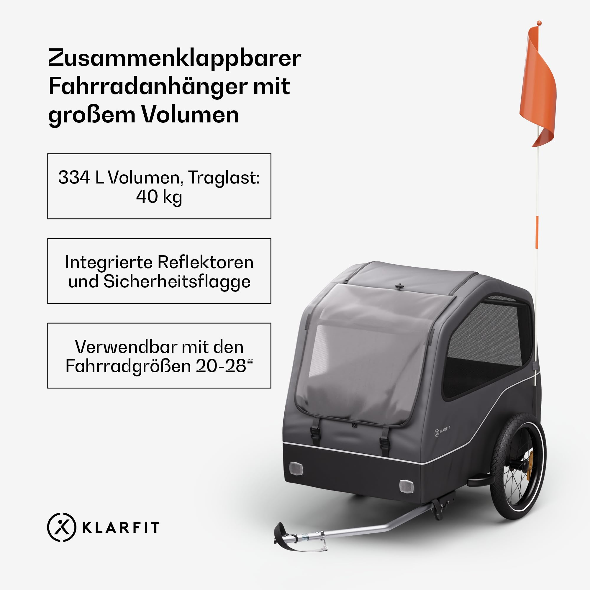 Klarfit Goldie Home Fahrradanhänger für Hunde, 334 L Volumen, Wasserabweisend, Reflektoren & Sicherheitsflagge, 40 kg Tragfähigkeit, Zusammenklappbar, 16-Zoll-Räder, Schwarz