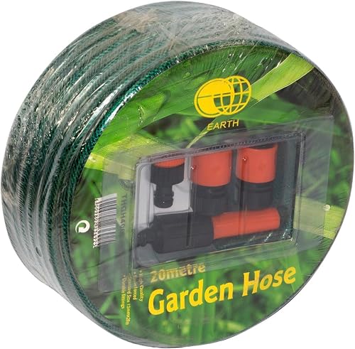 Earth Garden Hose, Green, Reinforced Rubber, 12mm x 20m, UV Protected, with Fittings and Stop and Spray Nozzle