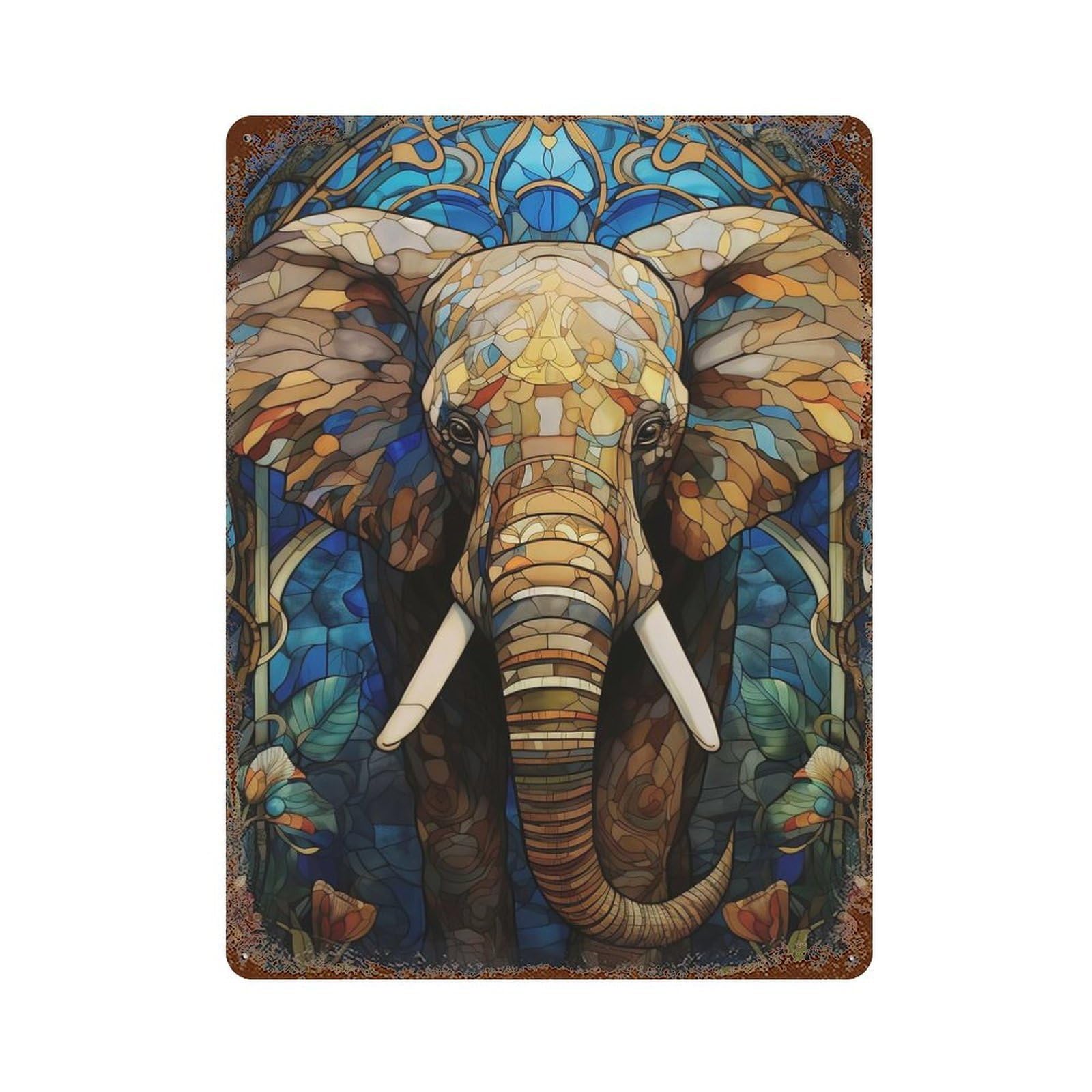 Distressed Metal Wall Sign Stained Glass Elephant Art 15.7"x11.8", Retro Wall Decor for Basement, Hobby Room And Garage Decor