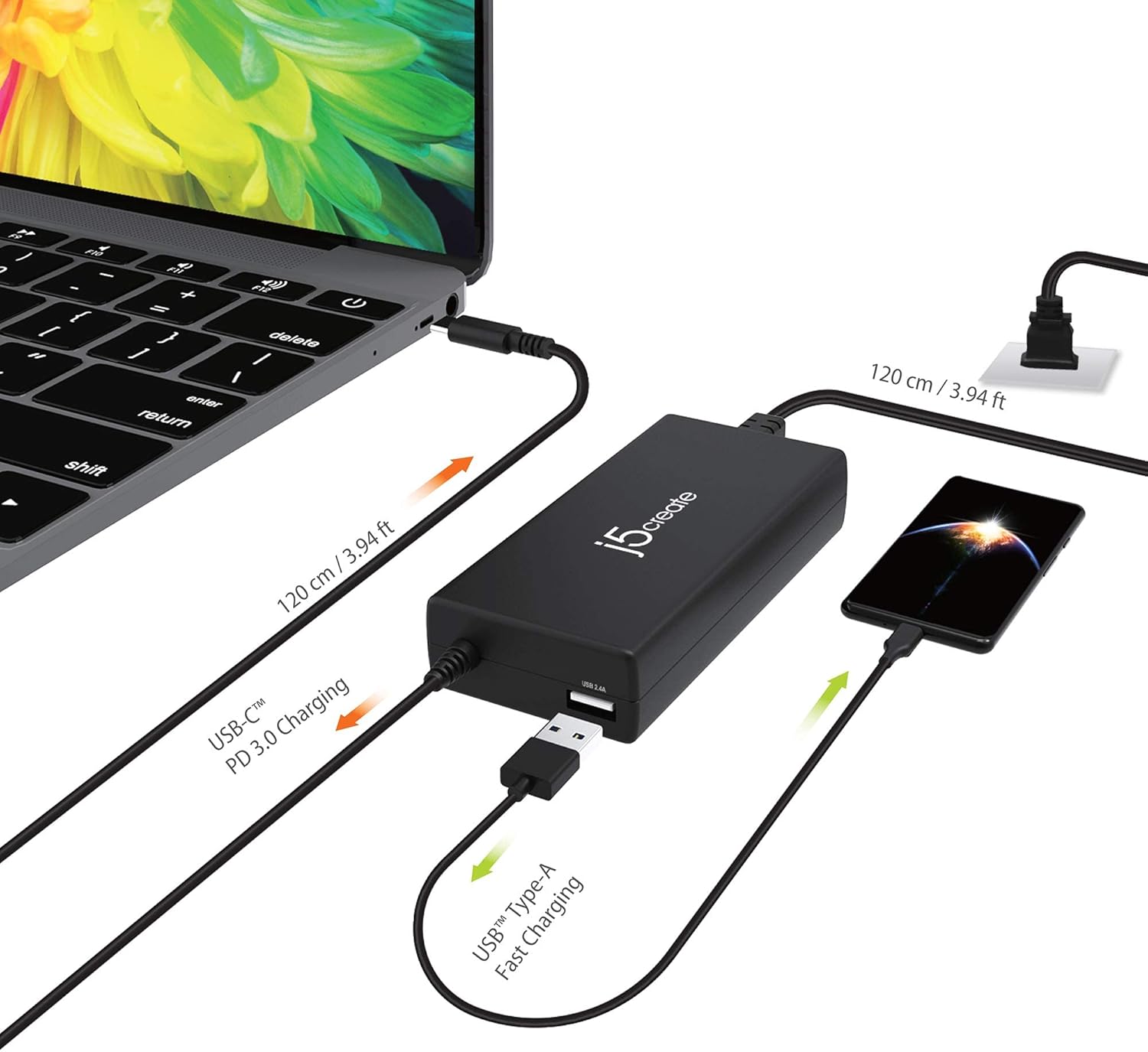 j5create USB Type C PD 100W Fast Charger for MacBook Pro, Chromebook, Laptop, Notebook, Tablet, Android, and iOS Smartphones (JUP2290)