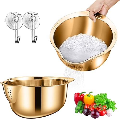 Tazón de lavado de arroz con colador, paquete de 2 cuencos de lavado de acero inoxidable y ganchos adhesivos, colador microporoso 4 en 1 para lavar
