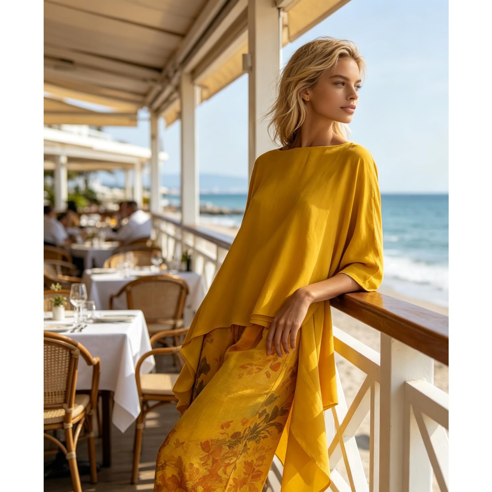 Genérico Conjunto de túnica asimétrica y pantalones de pierna ancha – Color liso, manga larga y dobladillo irregular – Conjunto de dos piezas