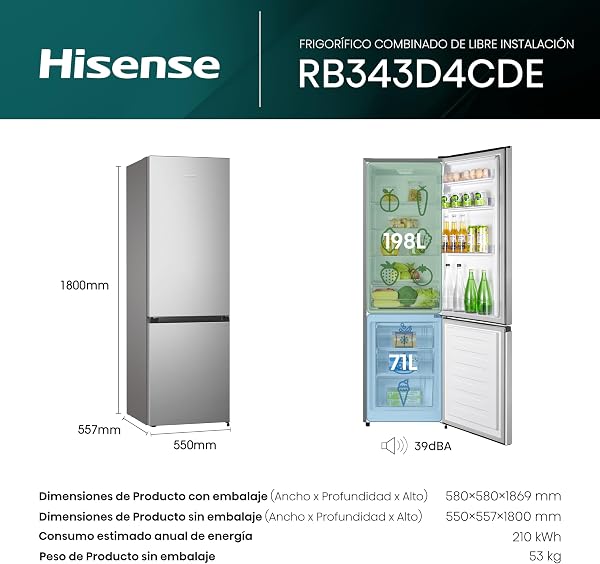 Hisense RB343D4CDE - Frigorífico Combi Cíclico, 269L, Class E, Ancho 55cm x Alto 180cm, Puerta Reversible, Apertura de Puertas 90º, Iluminación Led, Cajón Frutas y Verduras, Gran Capacidad, Inox - 1
