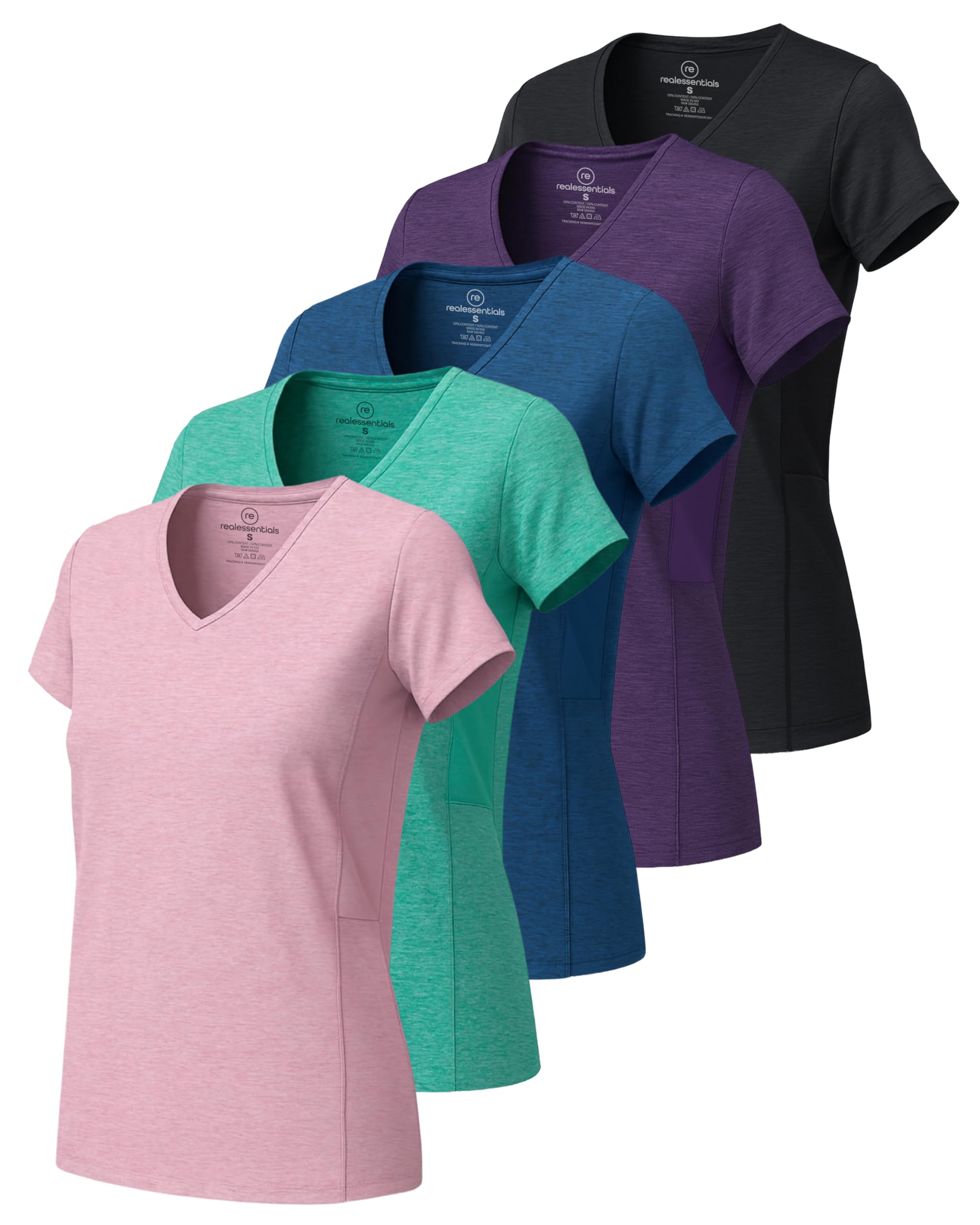 Real Essentials 5 Pack: Women's Dry-Fit Short Sleeve V Neck T Shirt Workout Fitness Yoga Top Tee (Available in Plus Size)