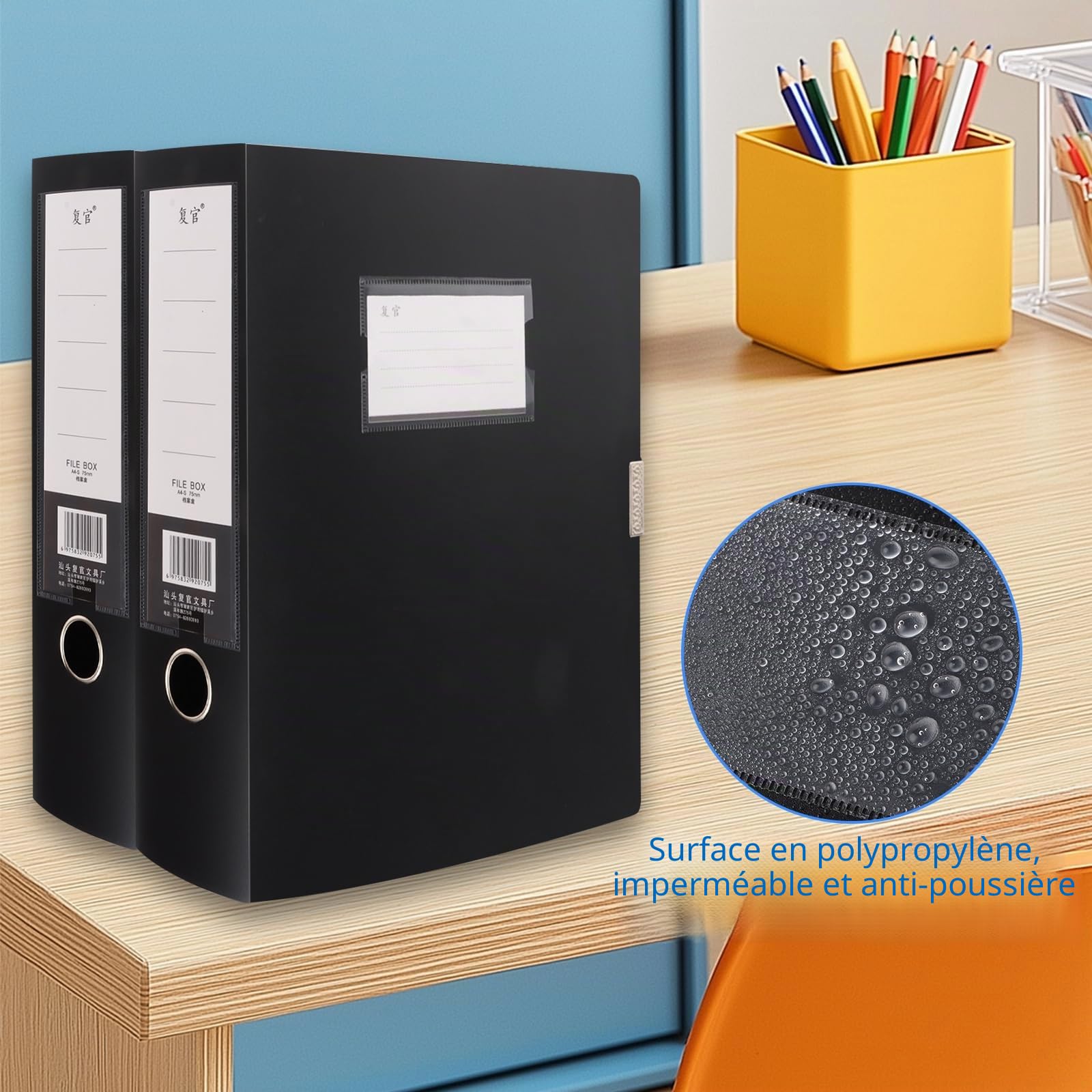 CYEER Lot de 10 boîtes de classement noires en plastique A4, boîtes de classement avec épine de 75 mm, dossiers foolscap pour documents papier A4