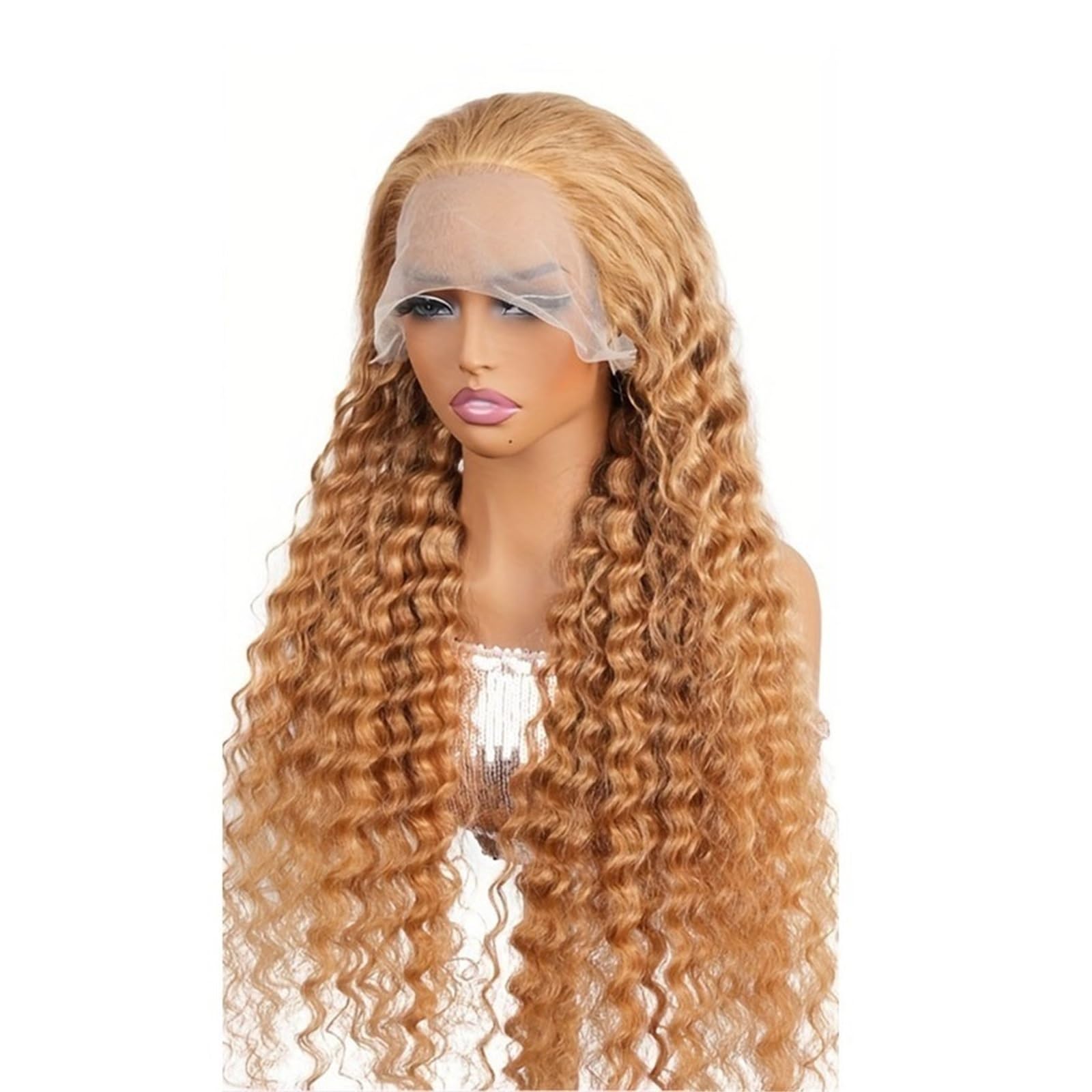 Parrucca Per Donna Parrucca anteriore riccia in pizzo trasparente HD, ondulata profonda, biondo miele(24inches)