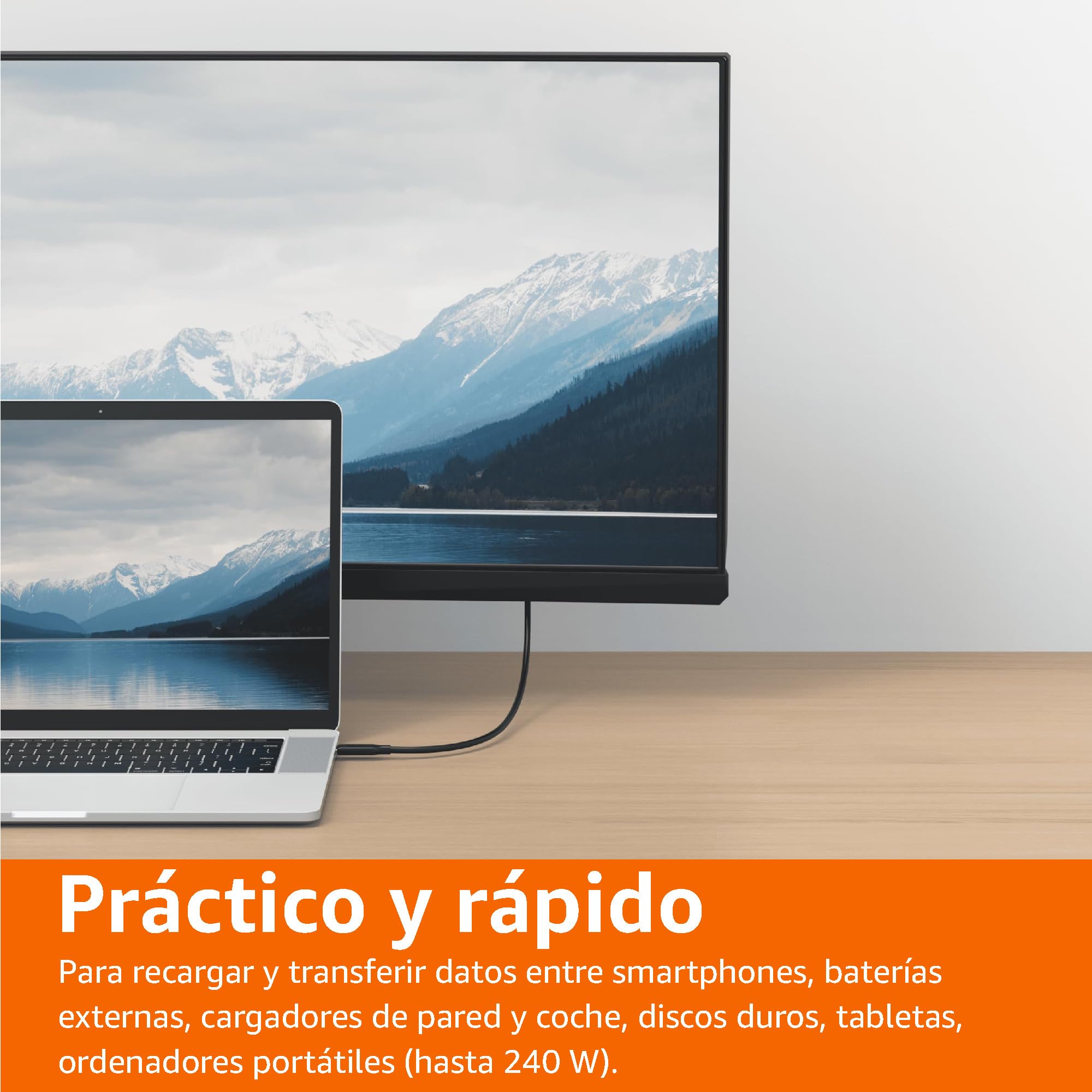 Amazon Basics Cable de carga rápida, USB-C a USB-C 4, 40 Gbps, vídeo 8K, 240 W, certificación USB-IF, Thunderbolt 4/3, compatible con iPhone 16/15, iPad, Samsung Galaxy, tabletas, portátiles,1m, Negro