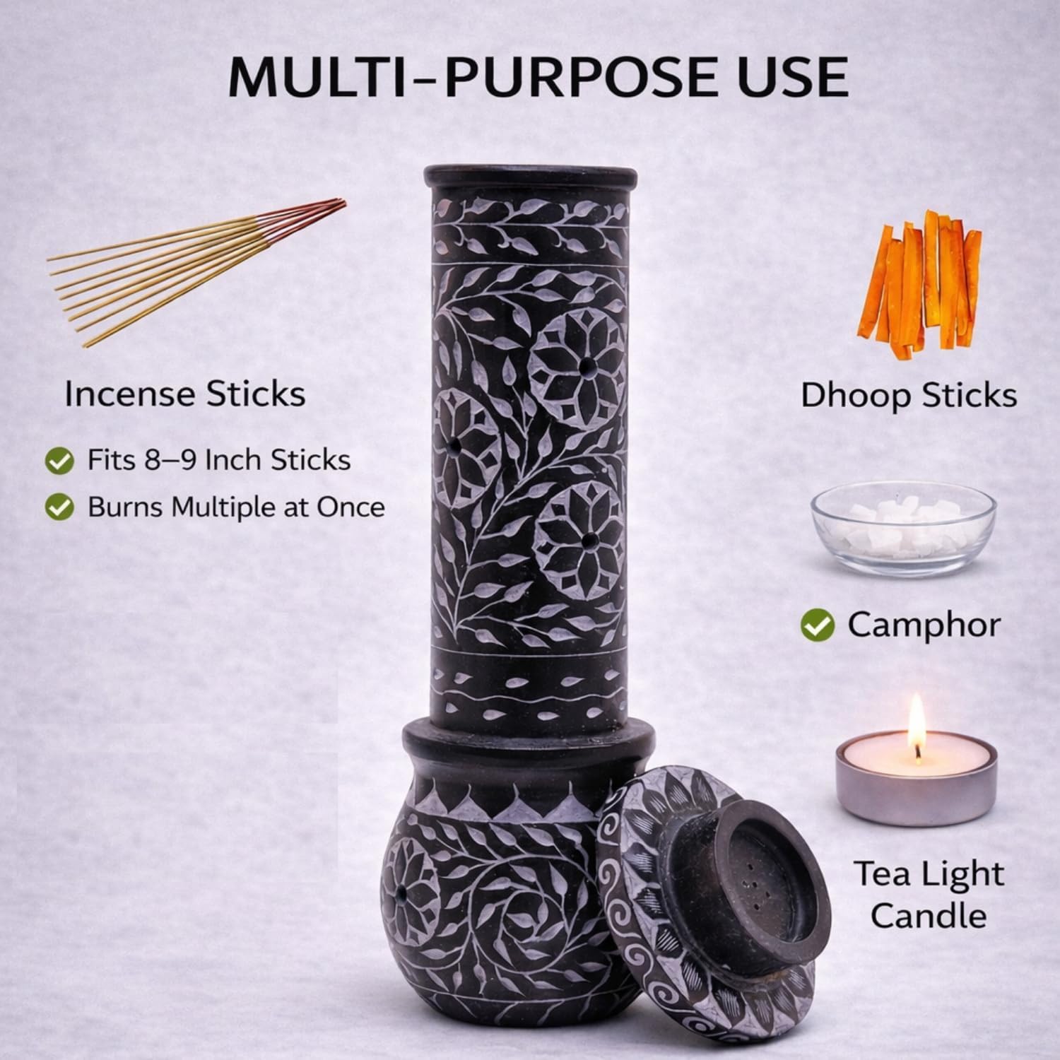 Hand Carved Marble Soapstone Incense Stick Holder – Black Incense Burner with Ash Catcher Base, Tea Light & Camphor Holder, Decorative Home & Puja Decor (3 x 3 x 10 Inch).