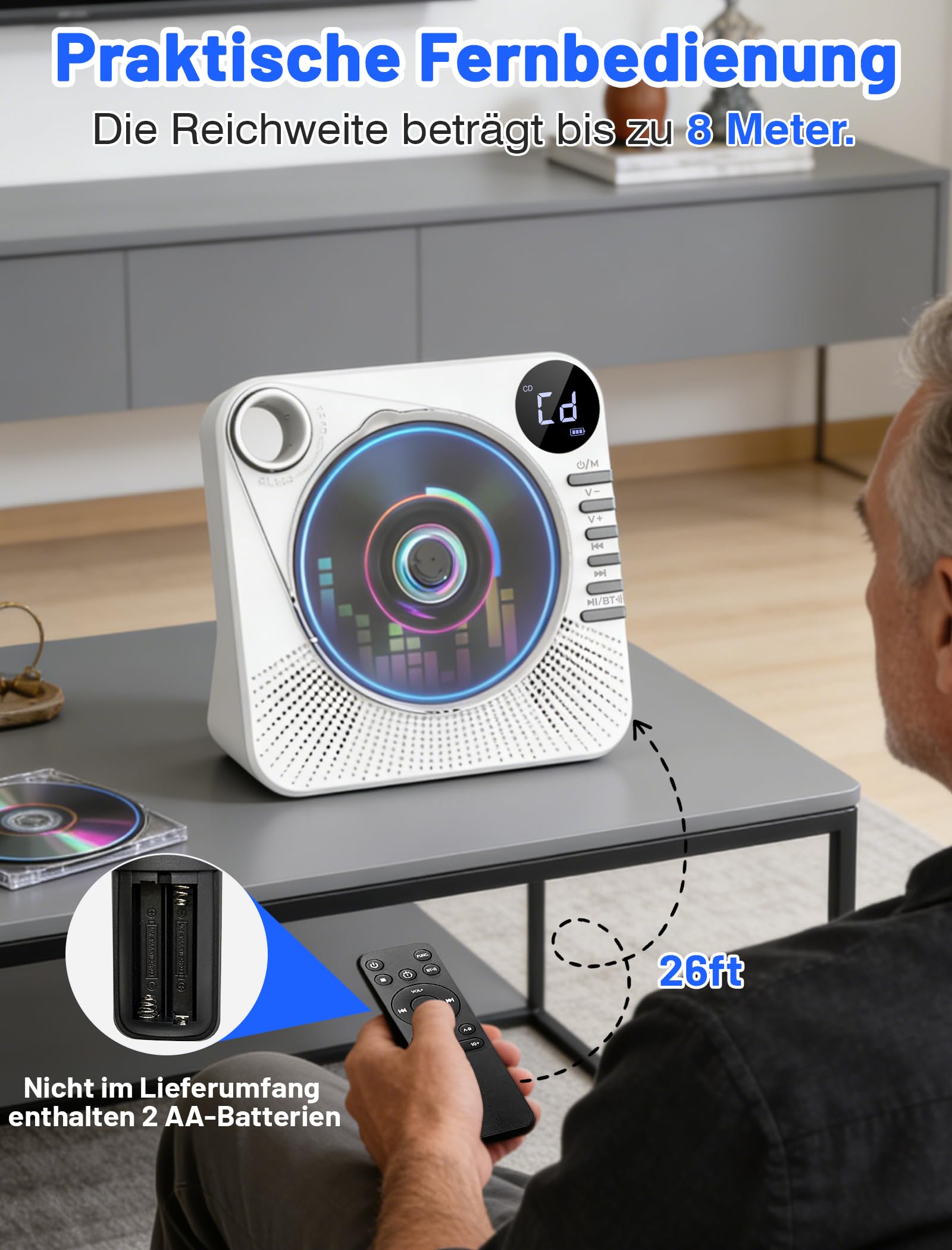 Tragbarer CD-Player 4000mAh Wiederaufladbar, Bluetooth 5.1 mit Stereo-Lautsprechern, Fernbedienung, Staubschutz-Schiebedeckel, Anti-Skip, AUX/USB, CD Spieler für Zuhause & Unterwegs - Weiß