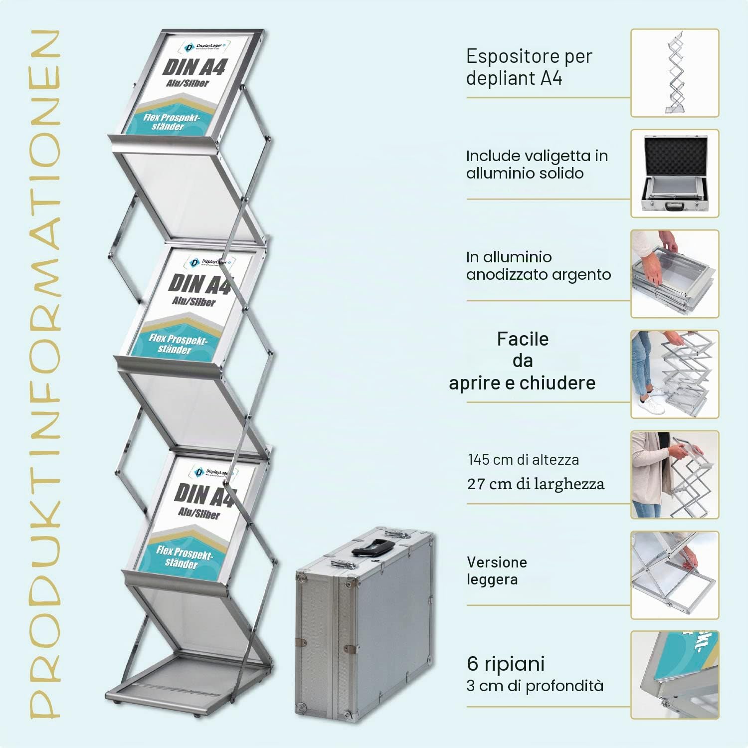 DisplayLager - Espositore da Terra, Argento, A4, Pieghevole, alluminio, inclusa valigia in alluminio/Portadepliant da pavimento per Brochure