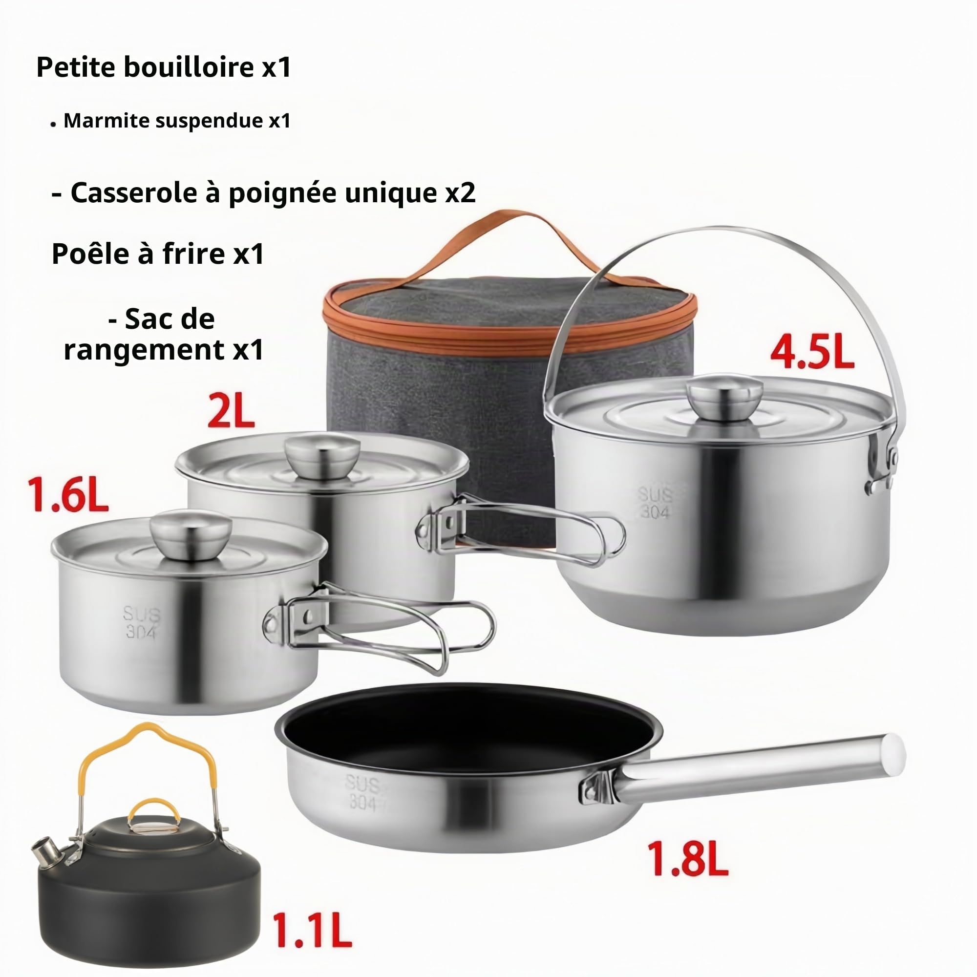 Lot de 10 ustensiles de cuisine de camping en acier inoxydable 304 avec poêles, bouilloire, sac en maille filet pour camping, trekking, jardin, pique-nique, équipement de sac à dos