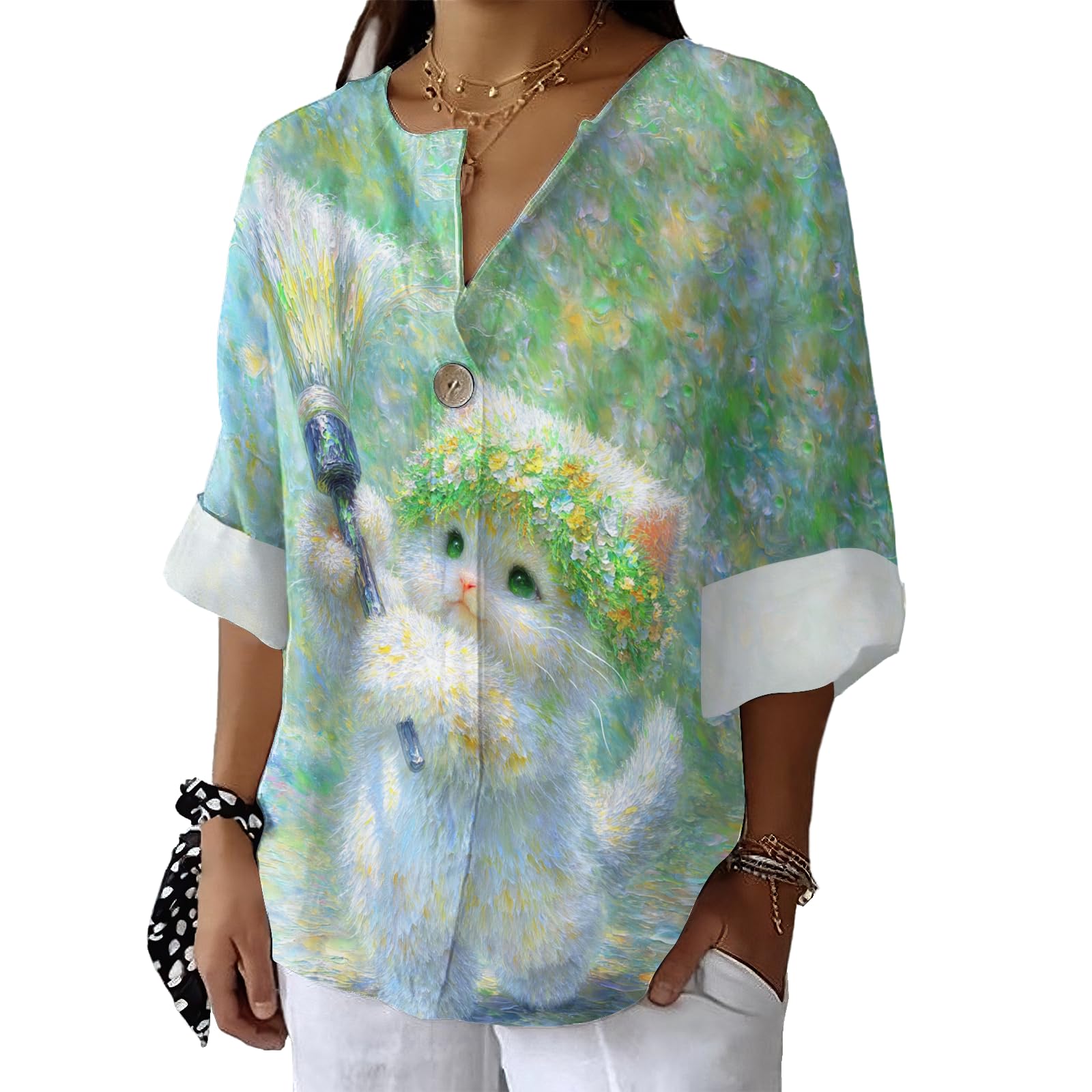 Adorable Cat Flower Graphic Shirt Womens Casual Fashion 3 4 Sleeve Tops Summer V Neck Blouse Elegant Loose