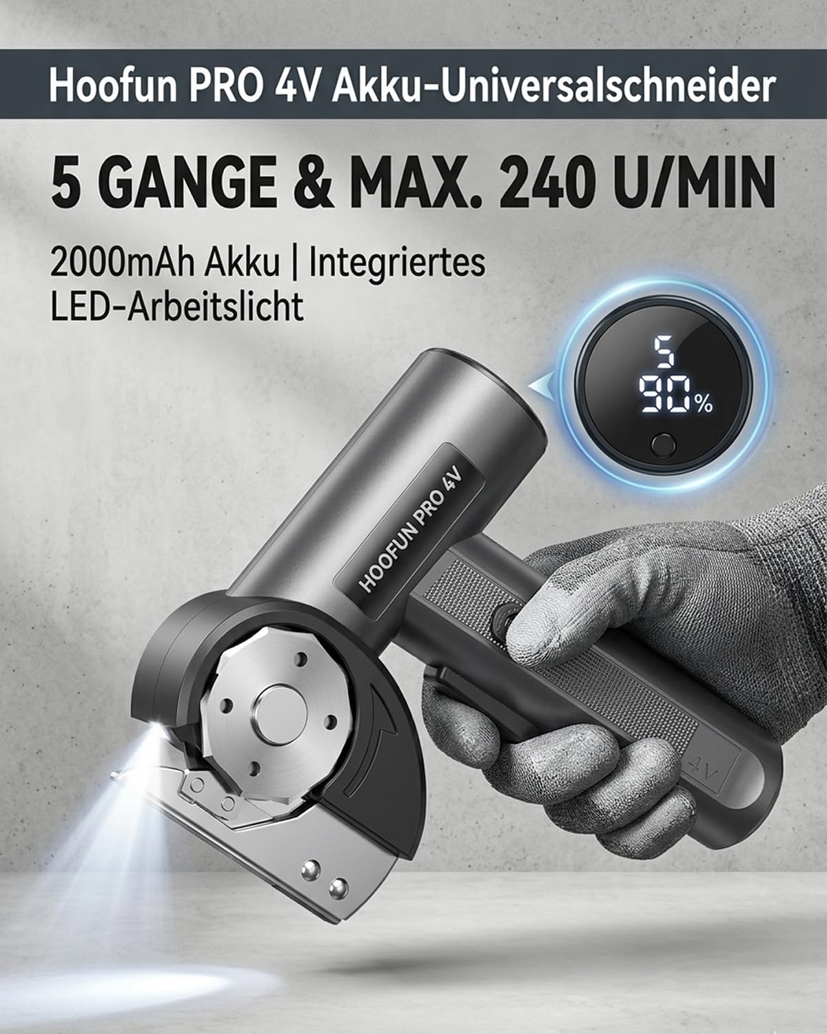 Hoofun Elektrischer Kartonschneider, 5 Geschwindigkeitsstufen 240RMP, 4V 2000mAh Akku Elektrische Schere für Karton, Teppich, Leder, PVC, Stoff Kabellose Akkuschere mit LED-Anzeige
