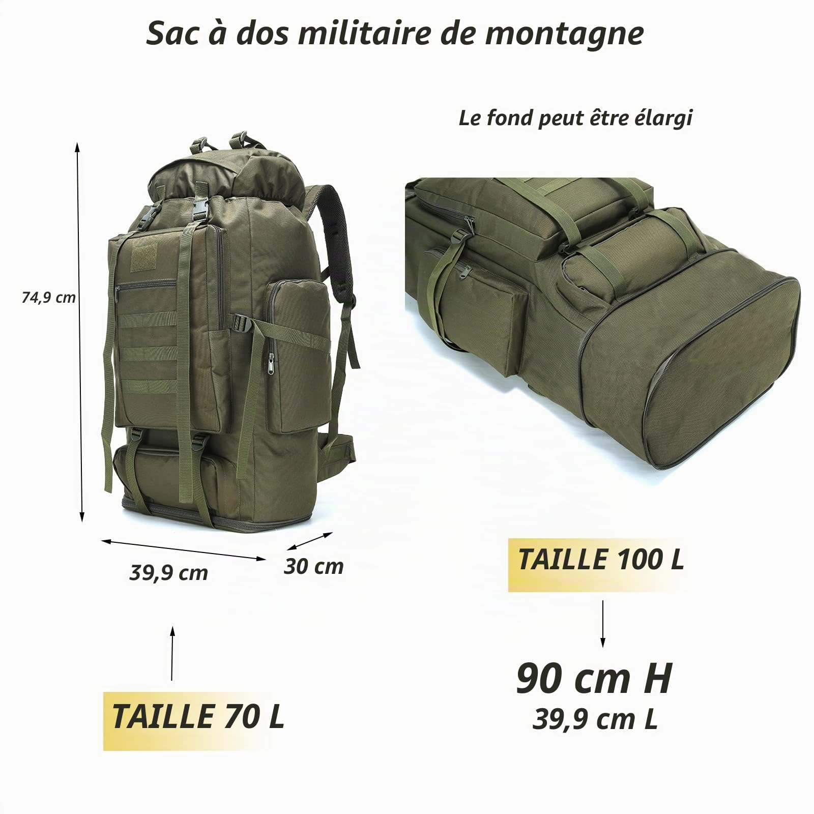 Sac à dos imperméable Molle 70L/100L Sac à dos de randonnée Grand sac à dos pour voyage, Vert kaki