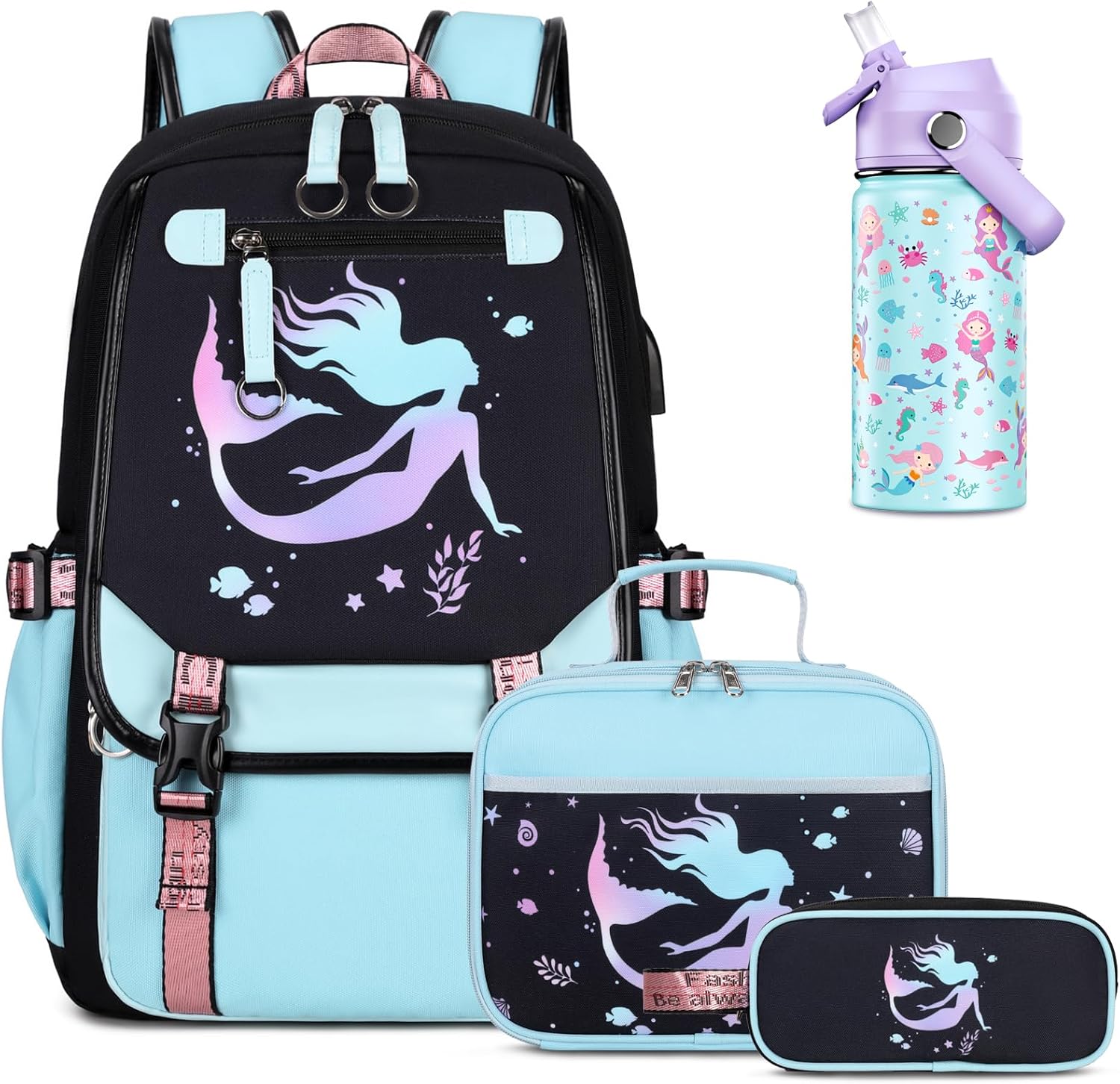 Bevalsa Kids Backpack for Girls with Insulated Water Bottle, Blue Cute Bookbag for Girls Kid, 14oz Termos Kids Water Bottle, Insulated Lunch Bag & Pencial Case, Back To School Gift (Mermaid)