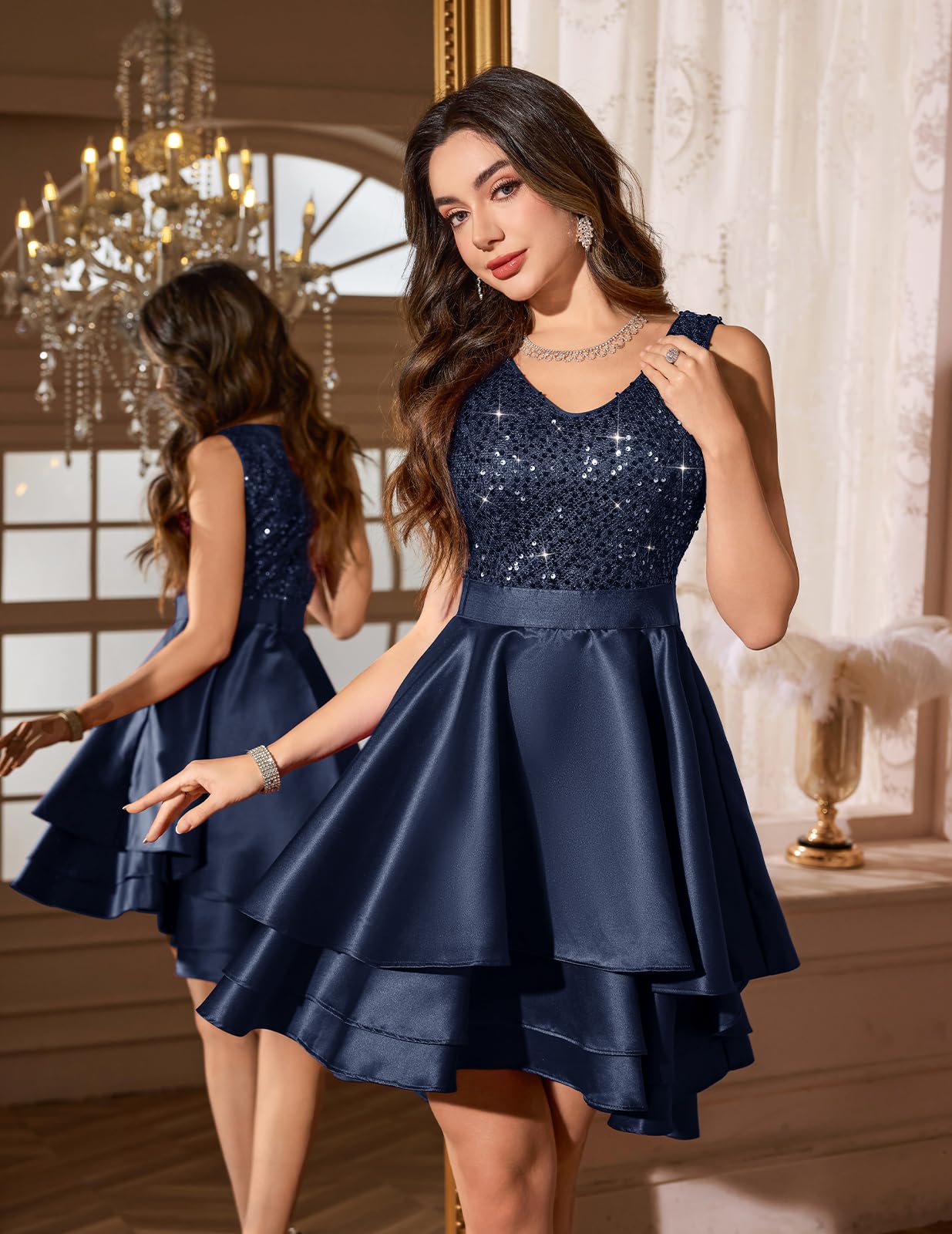 Meetjen Glitzerndes Ballkleid für Teenager, kurze Pailletten, hoch niedrig, formelle Heimkehrkleid, Cocktailparty, Hochzeitsgäste