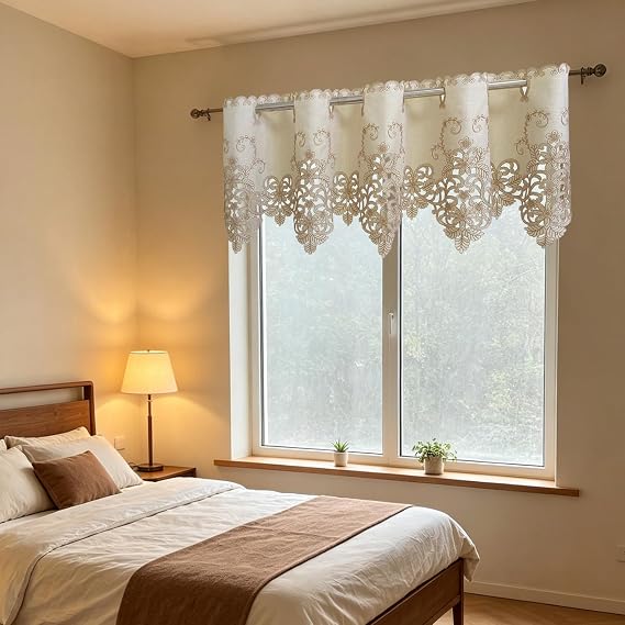 ABREEZE Pastoral Style Embroidered Floral Curtain Window Valance Cafe Curtain with Hollow Lace,59 W X 18 L