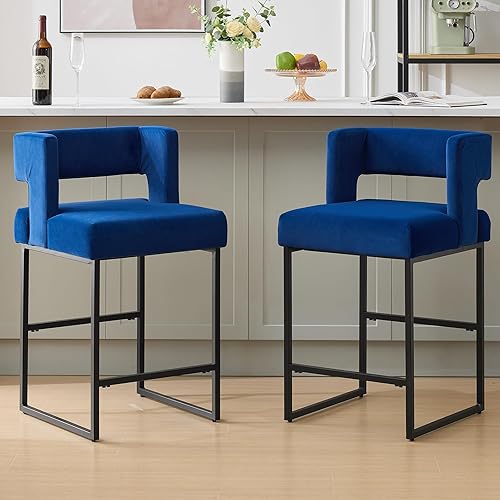 Counter Height Bar Stools Set of 2, 26" H Upholstered Counter Stools with Metal Frame Black Legs Square Back Bar Height Stools, Velvet Modern Bar Stools for Kitchen Island, Bar, Counter, Blue