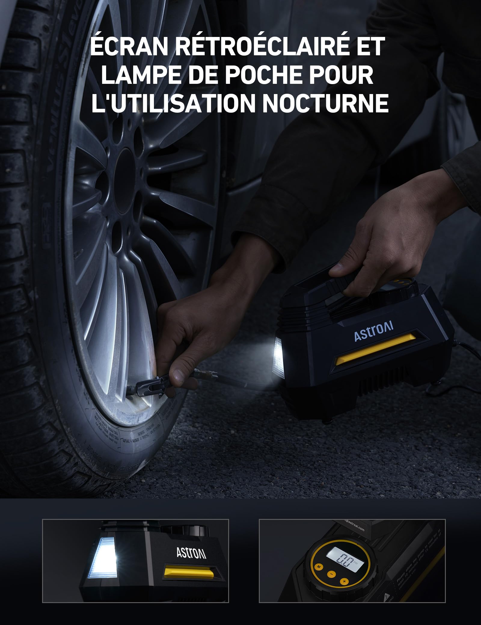 AstroAI Compresseur à Air Portatif 12V DC, Gonfleur Pneus Voiture, Pompe de gonflage rapide, Compresseur et Gonfleur Electrique, Avec Lampe LED, 3M Câble, Pour Voiture et Autres Objets Gonflables