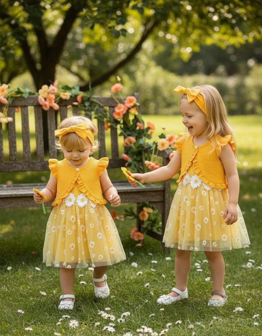 Renotemy Toddler Girls Flower Dress Yellow Daisy Dresses 18 Month Girl Clothes Summer Sleeveless Tutu Dresses with Cardigan Set Birthday Party Wedding Dress for Girl 18-24 Months Photography Outfit
