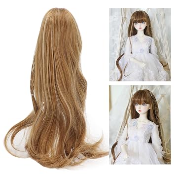 Jeanoko Wig Doll Replacement, Long Curly BJD Doll Hair Wig Soft High Temperature Silk Mesh Long Curly with Bangs 1/3 Linen Color Doll Making Supplies