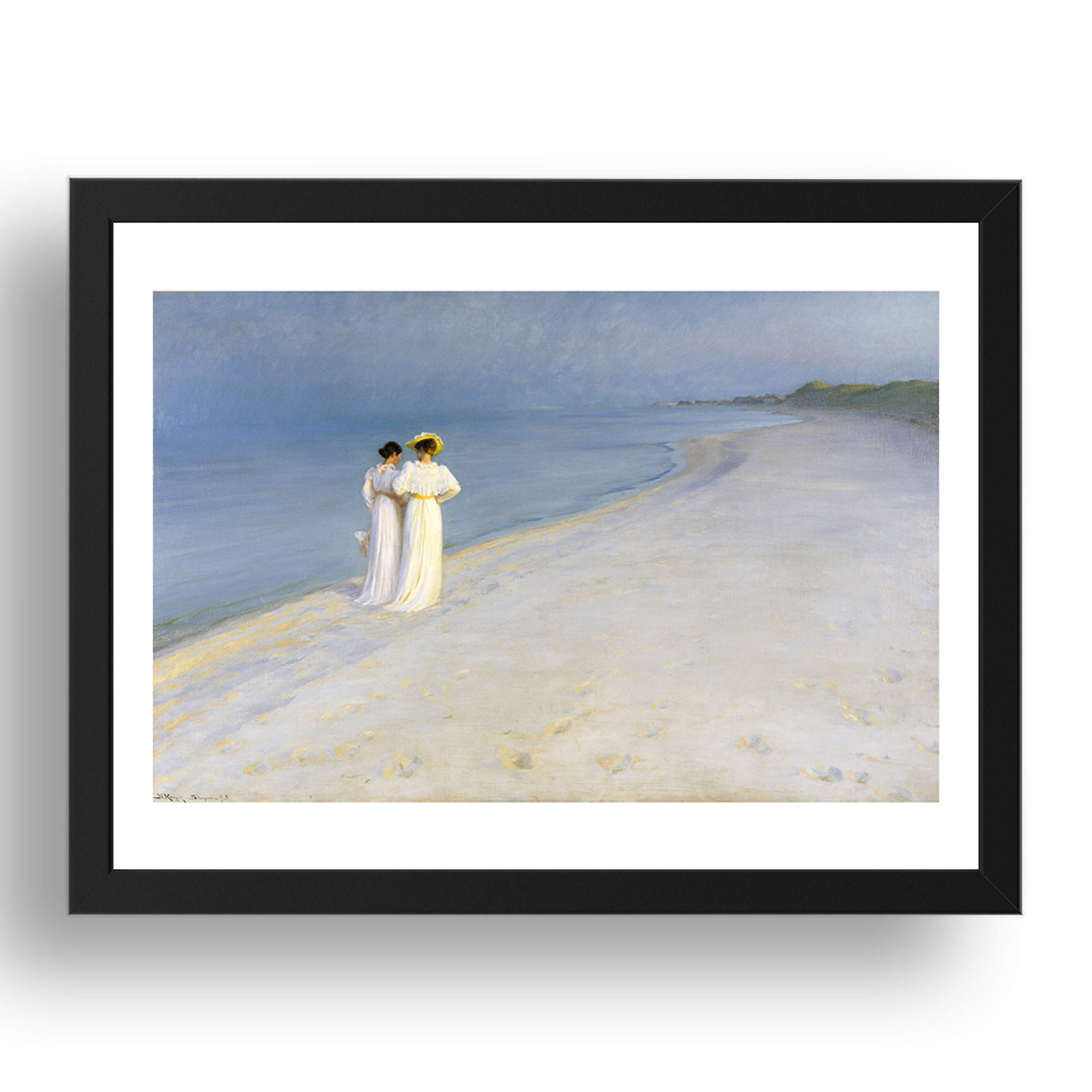 Peder Severin Kroyer: serata estiva sulla spiaggia di Skagens. Anna Ancher e Marie Kroyer che camminano insieme 1893, arte vintage, poster in formato A2 (61x43 cm) cornice nera