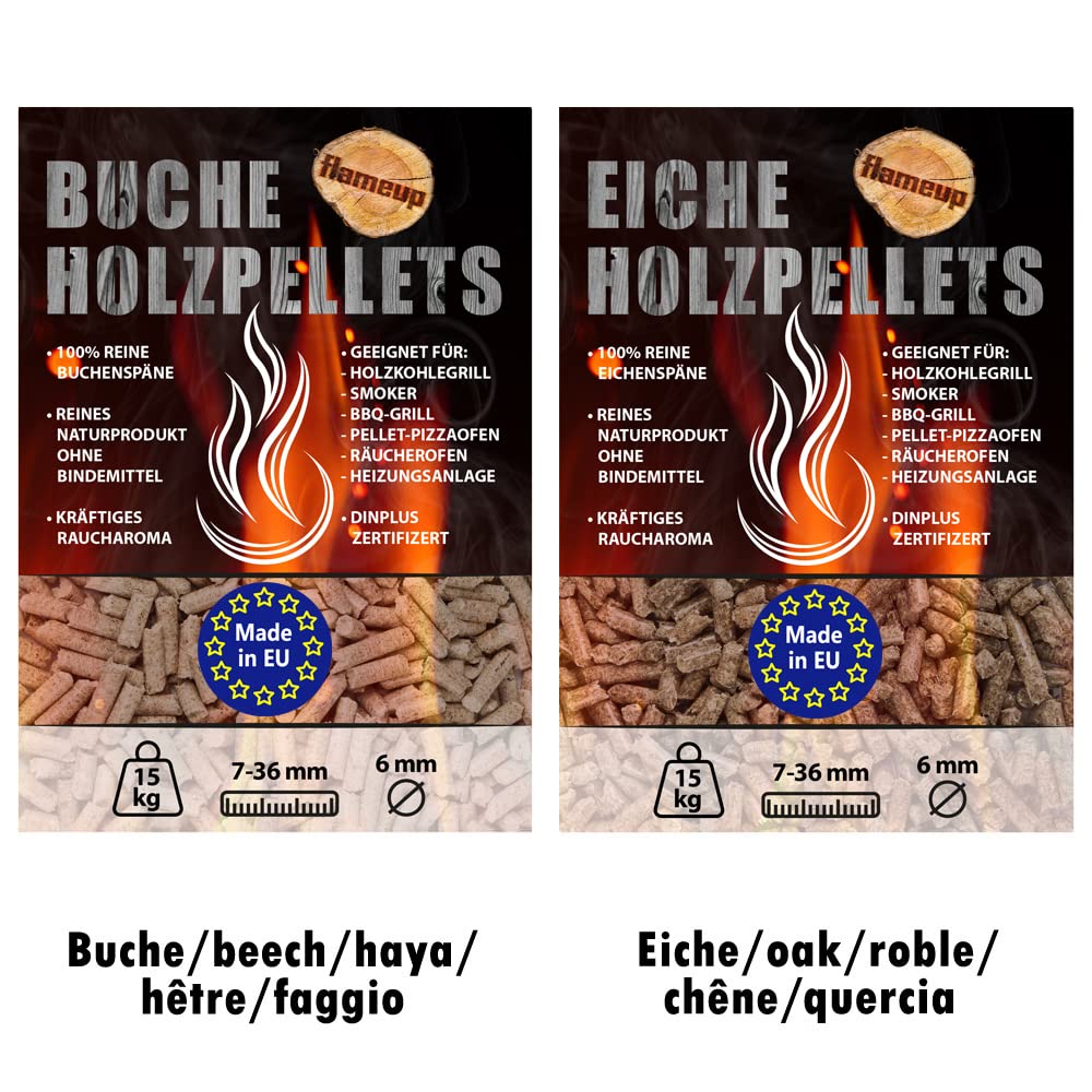 15 kg Eiche Pellets + 15 kg Buche Pellets Grill Smoker Holz Pizzaofen BBQ Pellet Outdoor Ofen Grillen Chunks Holzpellets Garten Räuchern Pizza Wood Smoke Zubehör Rauch Flameup