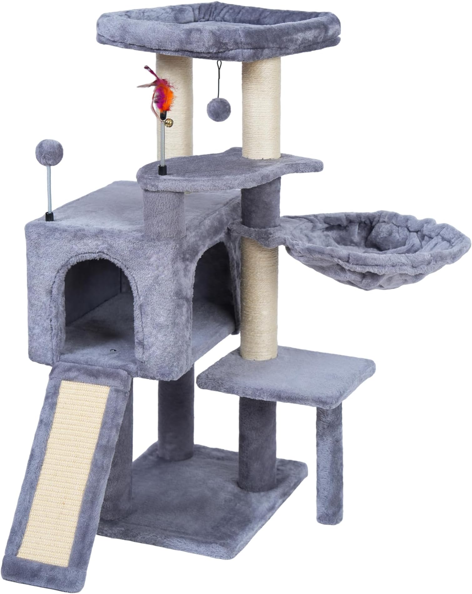 AIWIKIDE 35.4'' Multifunction Cat Tree with Cozy Hammock & Hanging Ball, Cat Tower with Activity Cat Condo & Jute-Covered Scratching Posts, Grey