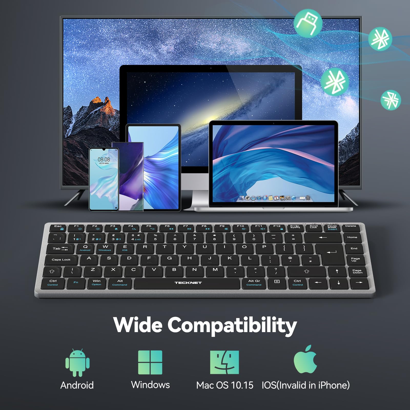 TECKNET 2.4G Wireless Keyboard, Rechargeable Bluetooth Keyboard for 4 Multi Devices, QWERTY UK Layout Compact Mini keypad, Small Silent Keys for Laptop, Phone, Smart TV, Computer, Tablet - Silver — view 7