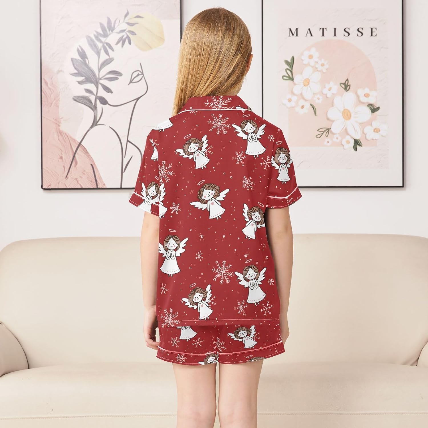 Kids Satin Wear Set Angel Snowflake Pattern Relaxed Fit Clothing Short Sleeve and Shorts
