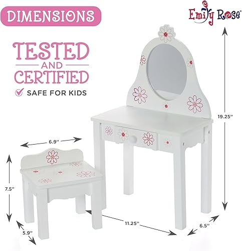 Miniatura 4 de Emily Rose Juego de tocador y silla de muñecas de 18 pulgadas, colección de muebles florales de madera rosa y blanco con cajón de trabajo y
