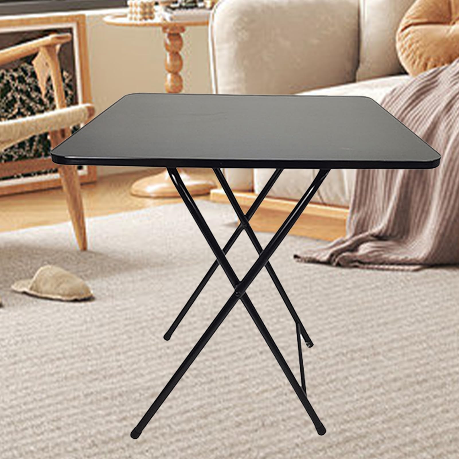 Table pliante 60 x 70 cm, table de salle à manger carrée pour utilisation intérieure et extérieure, tables d'appoint camping en forme X, petit bureau domicile, plateau TV, pique-nique, Noir 60 cm