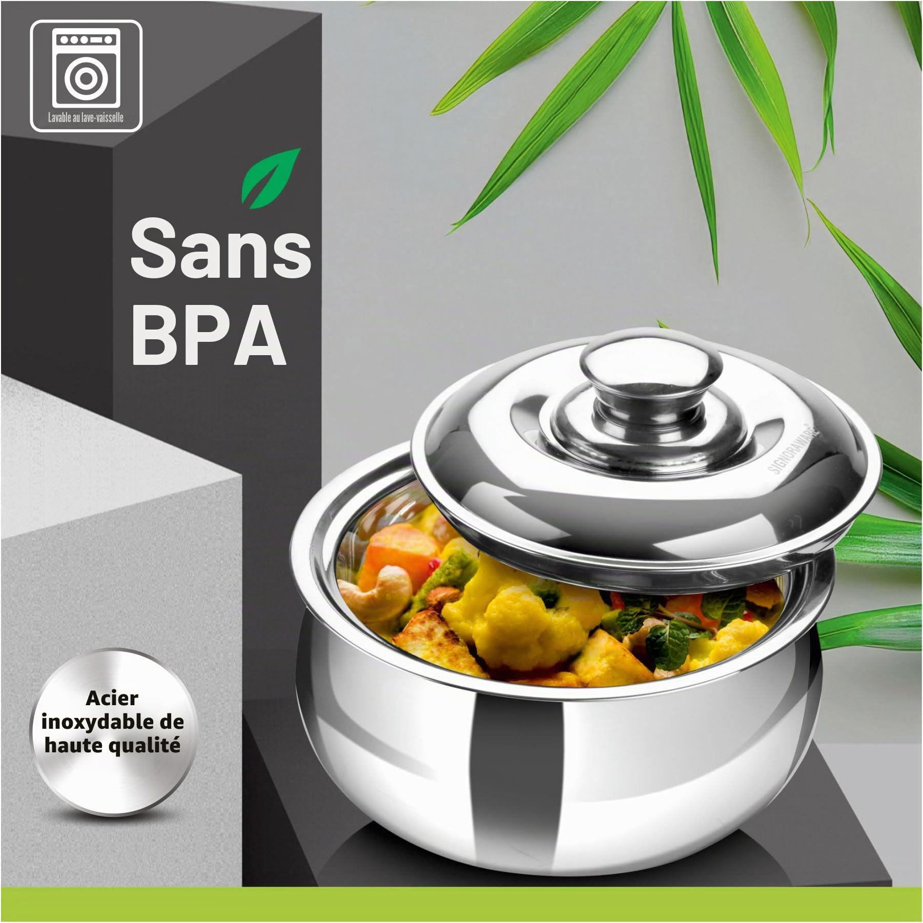 SIGNORA WARE Grande cocotte isotherme avec couvercle 3000 ml en acier inoxydable - Réchaud/refroidisseur - Bol de service thermique pour soupe/salade - Récipient pour aliments chauds - Meilleur