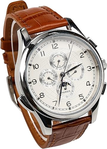 FANMIS Reloj mecánico de cuerda automática con esfera de globo blanca, reloj de lujo de cristal de zafiro para negocios, cronómetro, fase lunar,