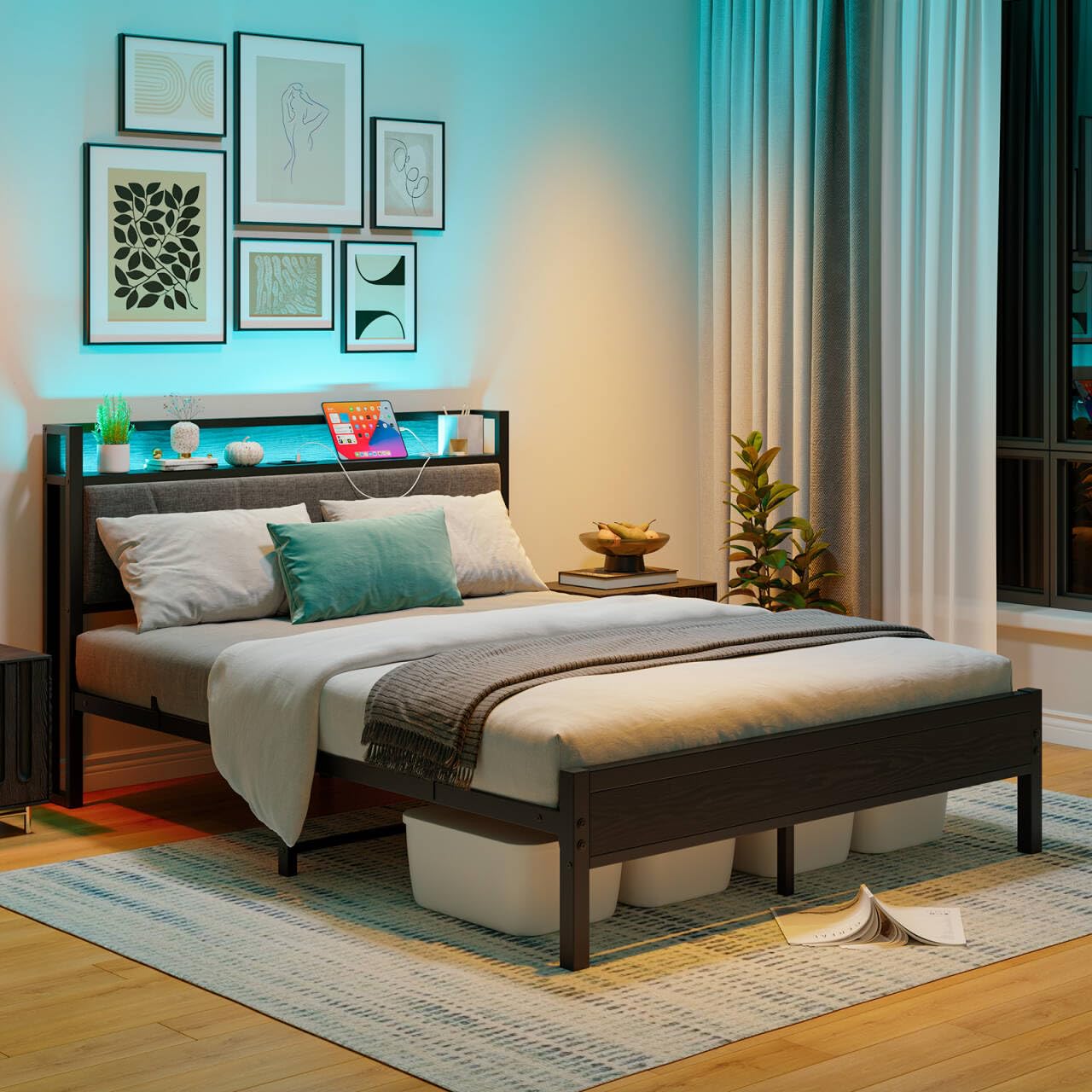 BORPHOM Double Bed Frame with Storage Headboard,Charging Station,LED Lights,4ft6 Metal Platform Upholstered Bed Frame Double Bed,for 135 x 190 cm Mattress,Strong Steel Slat Support/Noise Free/Black
