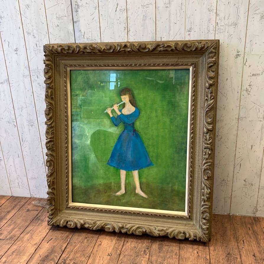 昭和レトロ 額縁 樹脂フレーム フルートを吹く女性 女の子 油絵 油彩画 昭和レトロ 額縁 樹脂フレーム フルートを吹く女性 女の子 油絵