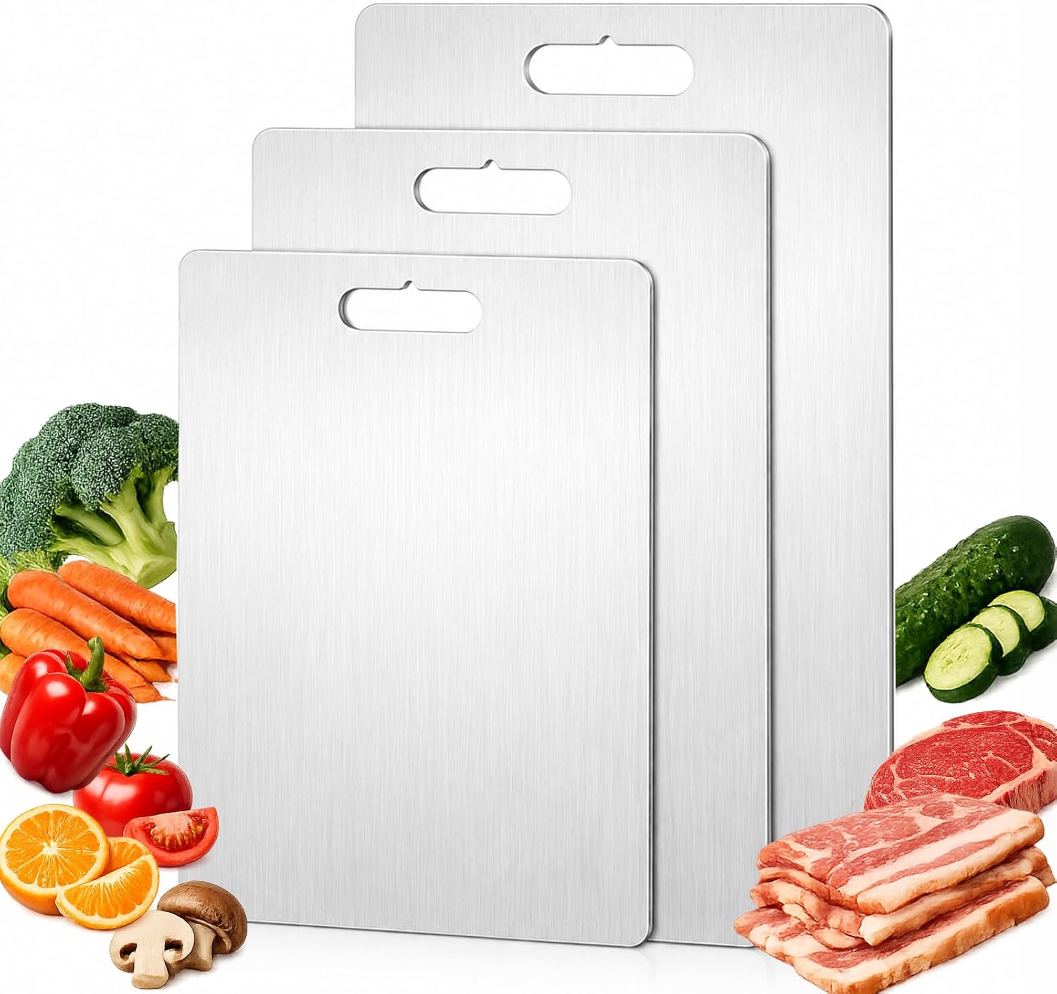 Chopping Board, 316 Foodgrade Stainless Steel Cutting Board for Kitchen, Double Sided Metal Board, Dishwasher Safe, Durable Non-Slip Board for Meat,Vegetables and Fruit – 3 Pack（L/M/S